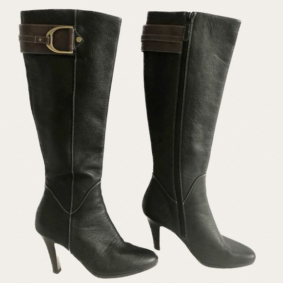 EUC Cole Haan Nike Air Sierra Black Pebbled Leather Tall Heeled Boots - Picture 1 of 17